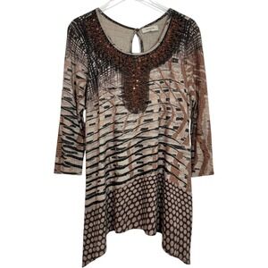 French Blue Tunic Top Women 1X Brown Sequin Neck Sharkbite Mixed Print Top